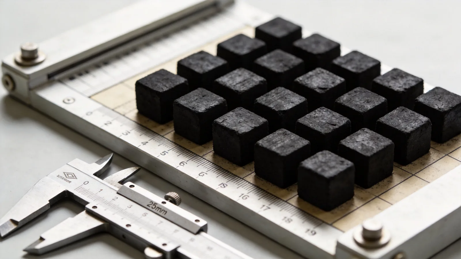 25 mm bamboo charcoal cubes with calipers — conceptual illustration