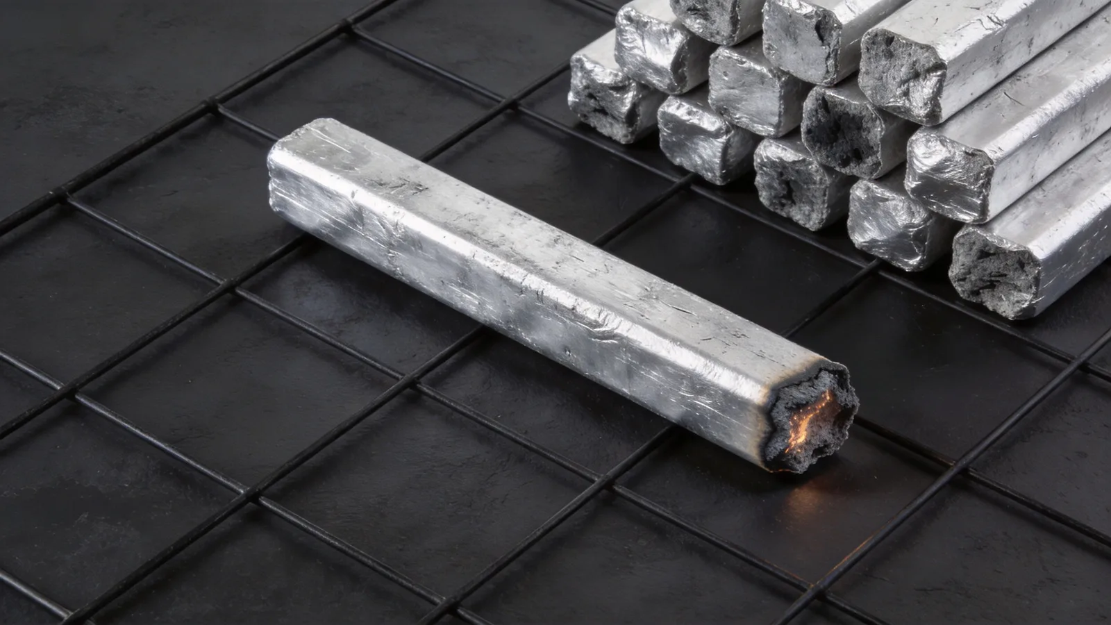 Silver-coated charcoal bars, one glowing — conceptual illustration