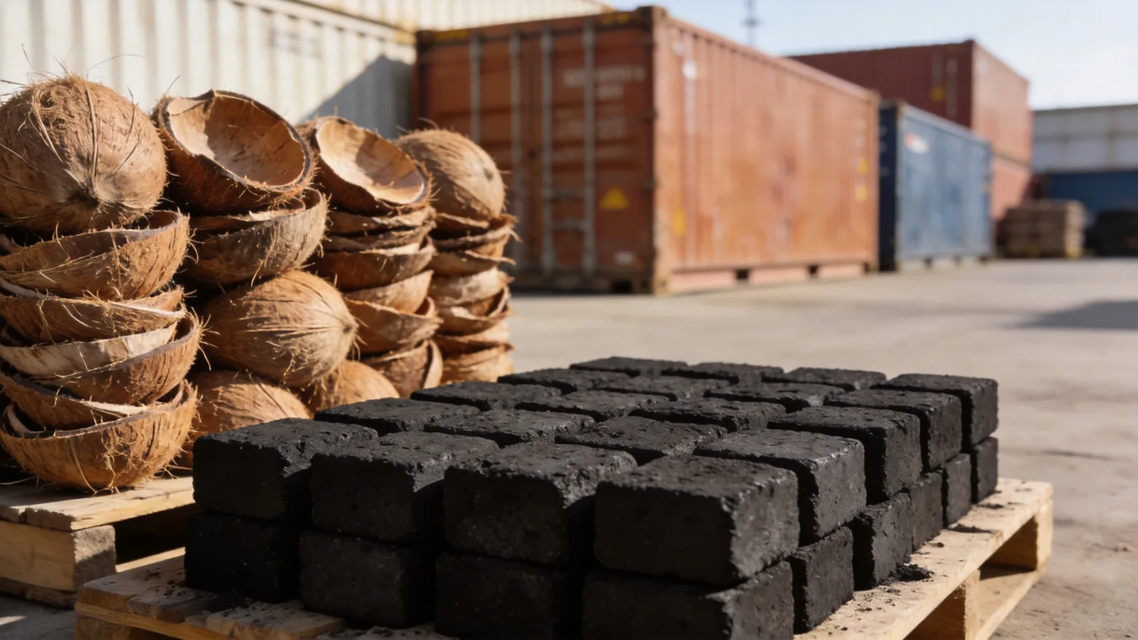 Coconut shells, charcoal briquettes and shipping containers — supply chain conceptual illustration