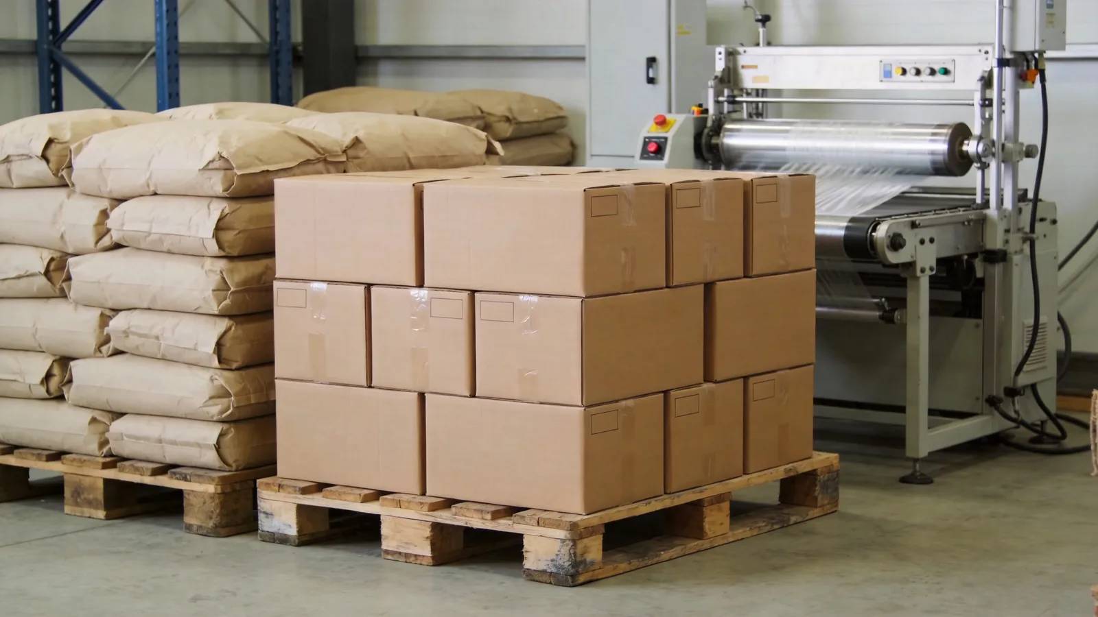 Kraft retail boxes and bulk sacks stacked on pallets in a charcoal packaging workspace — conceptual illustration