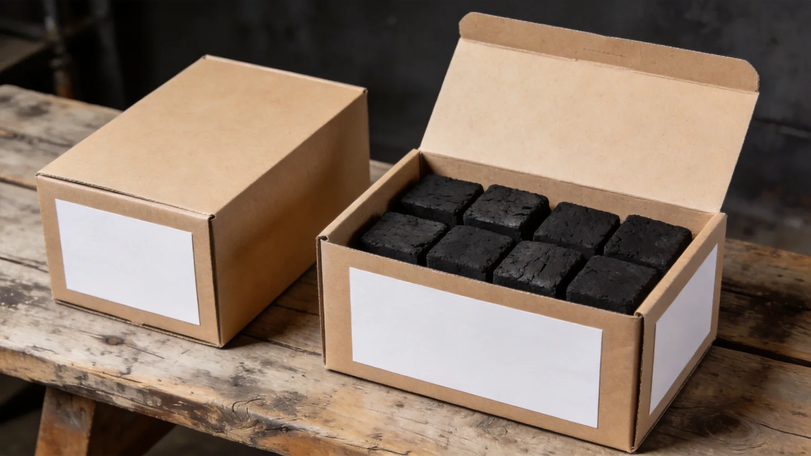 Charcoal briquette cubes beside kraft retail boxes with blank label panels on a workbench — conceptual illustration