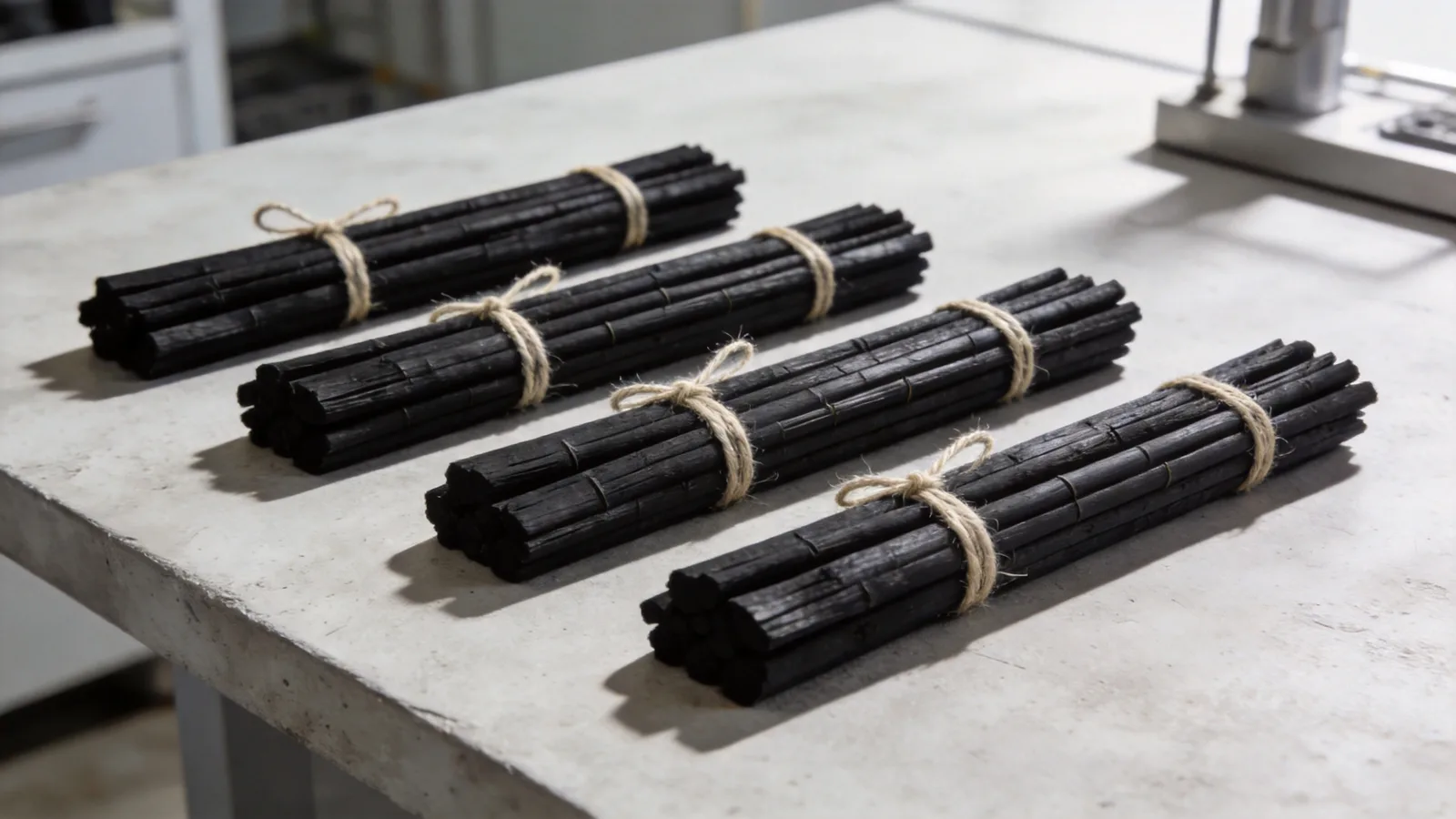Neat bundles of bamboo charcoal sticks on a light concrete table — conceptual illustration
